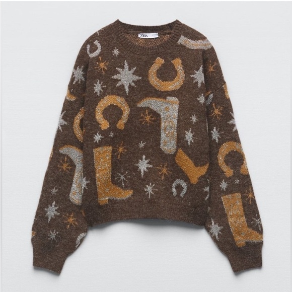 ZARA Western Cowboy Boot Nashville Horseshoe Sweater Brown Metallic Jacquard S - Picture 2 of 11